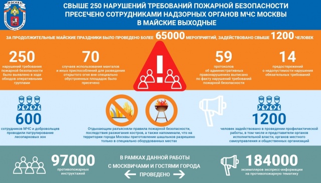 Свыше 250 нарушений требований пожарной безопасности пресечено сотрудниками надзорных органов МЧС Москвы в майские выходные